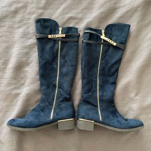 Navy Blue Felt Knee-length Boots